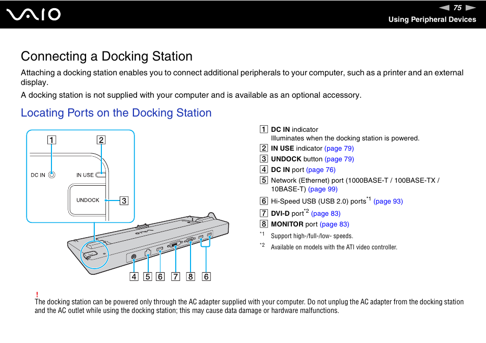 Connecting a docking station, Locating ports on the docking station | Sony VGN-SR190ECJ User Manual | Page 75 / 222