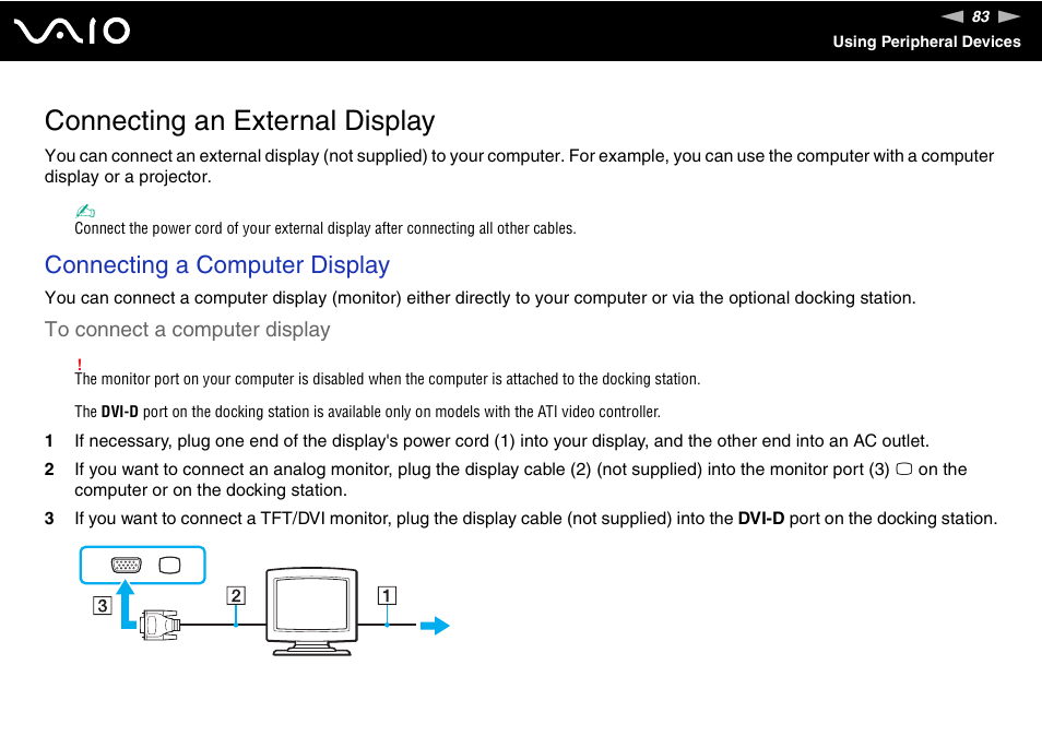Connecting an external display, Connecting a computer display | Sony VGN-SR190ECJ User Manual | Page 83 / 222