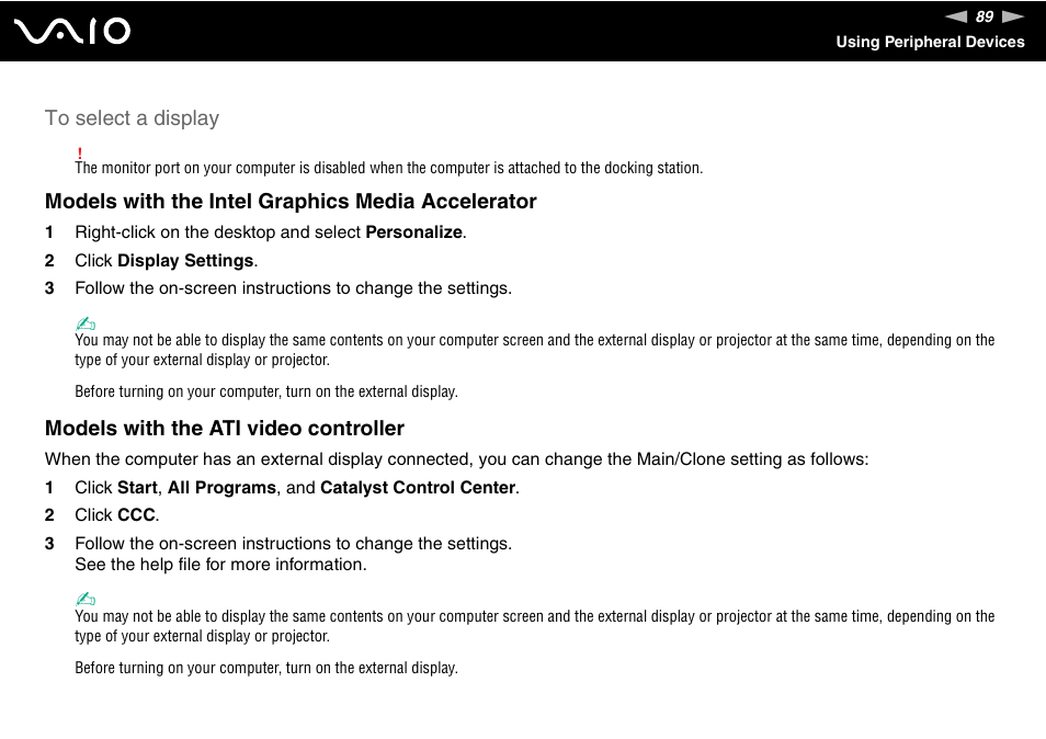 Models with the intel graphics media accelerator, Models with the ati video controller | Sony VGN-SR190ECJ User Manual | Page 89 / 222