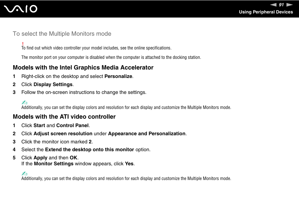 Models with the intel graphics media accelerator, Models with the ati video controller | Sony VGN-SR190ECJ User Manual | Page 91 / 222