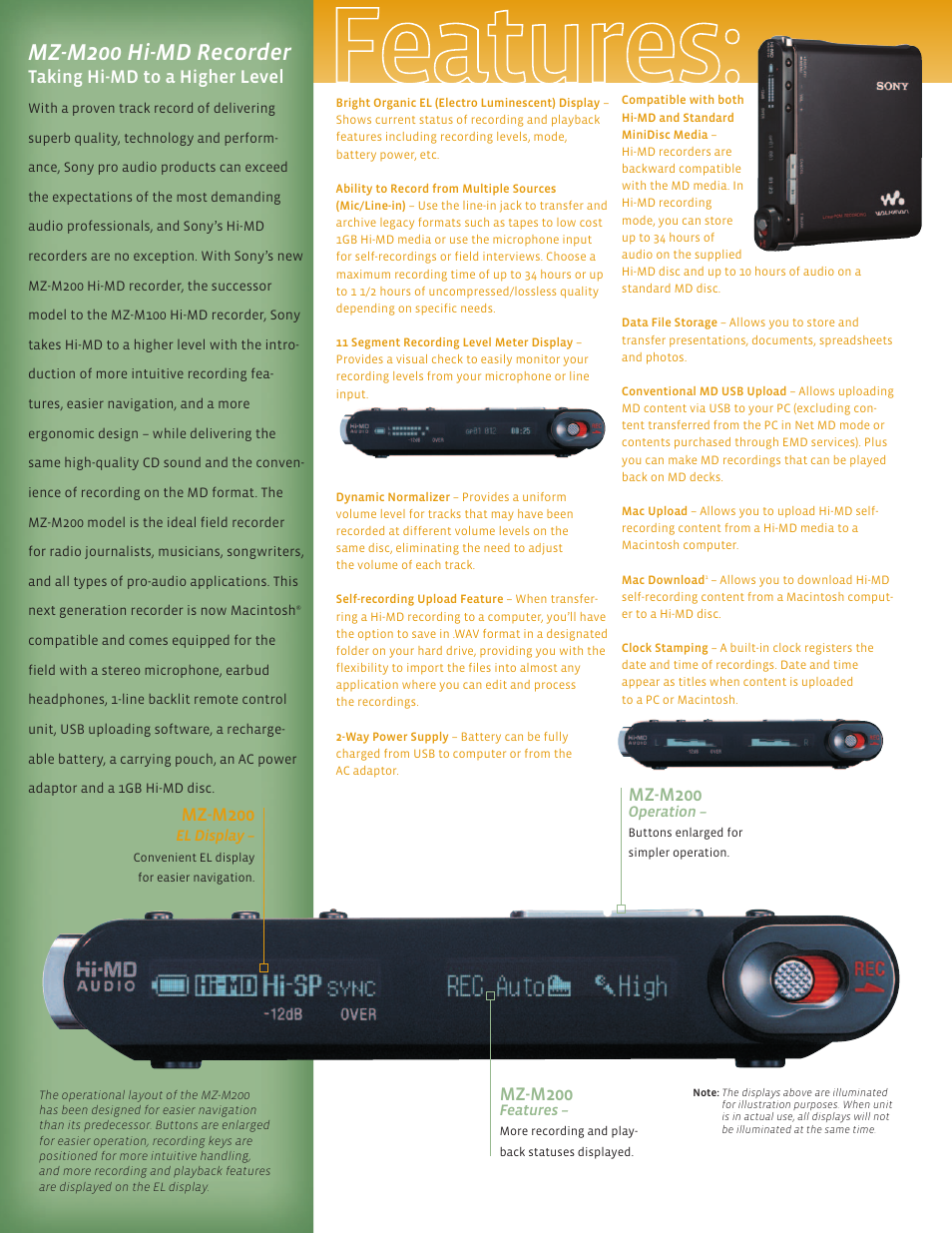 Mz-m200 hi-md recorder, Taking hi-md to a higher level, Mz-m200 | Sony MZ-M200 User Manual | Page 3 / 4