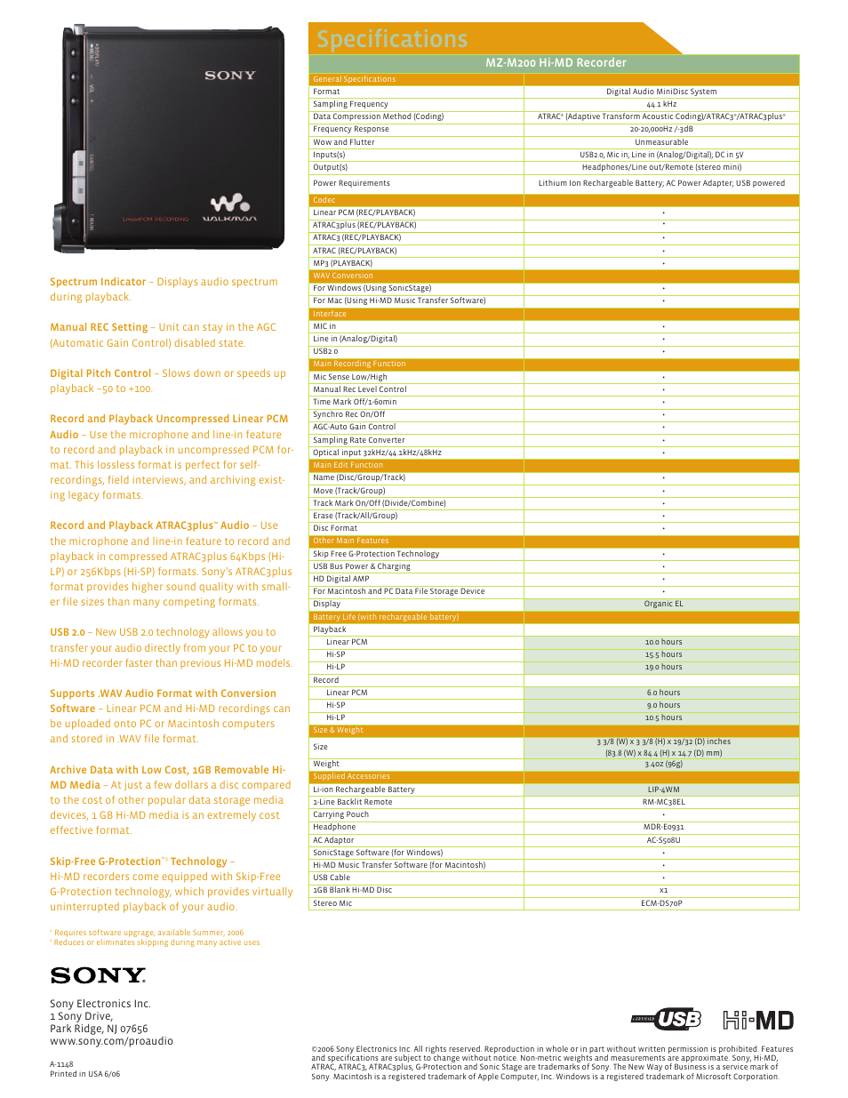 Specifications, Mz-m200 hi-md recorder | Sony MZ-M200 User Manual | Page 4 / 4