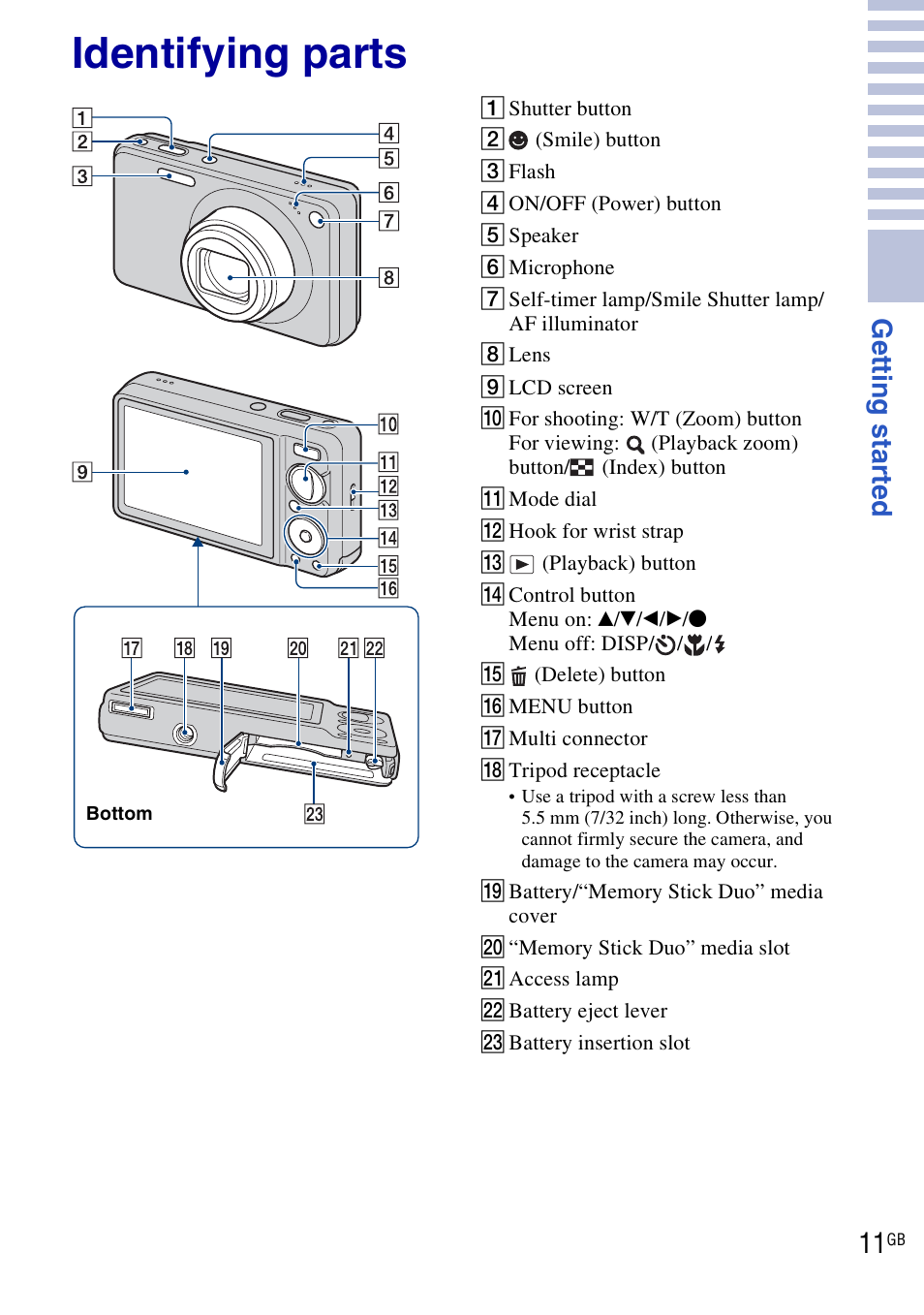 Identifying parts, Get ting st art e d | Sony DSC-W290 User Manual | Page 11 / 60