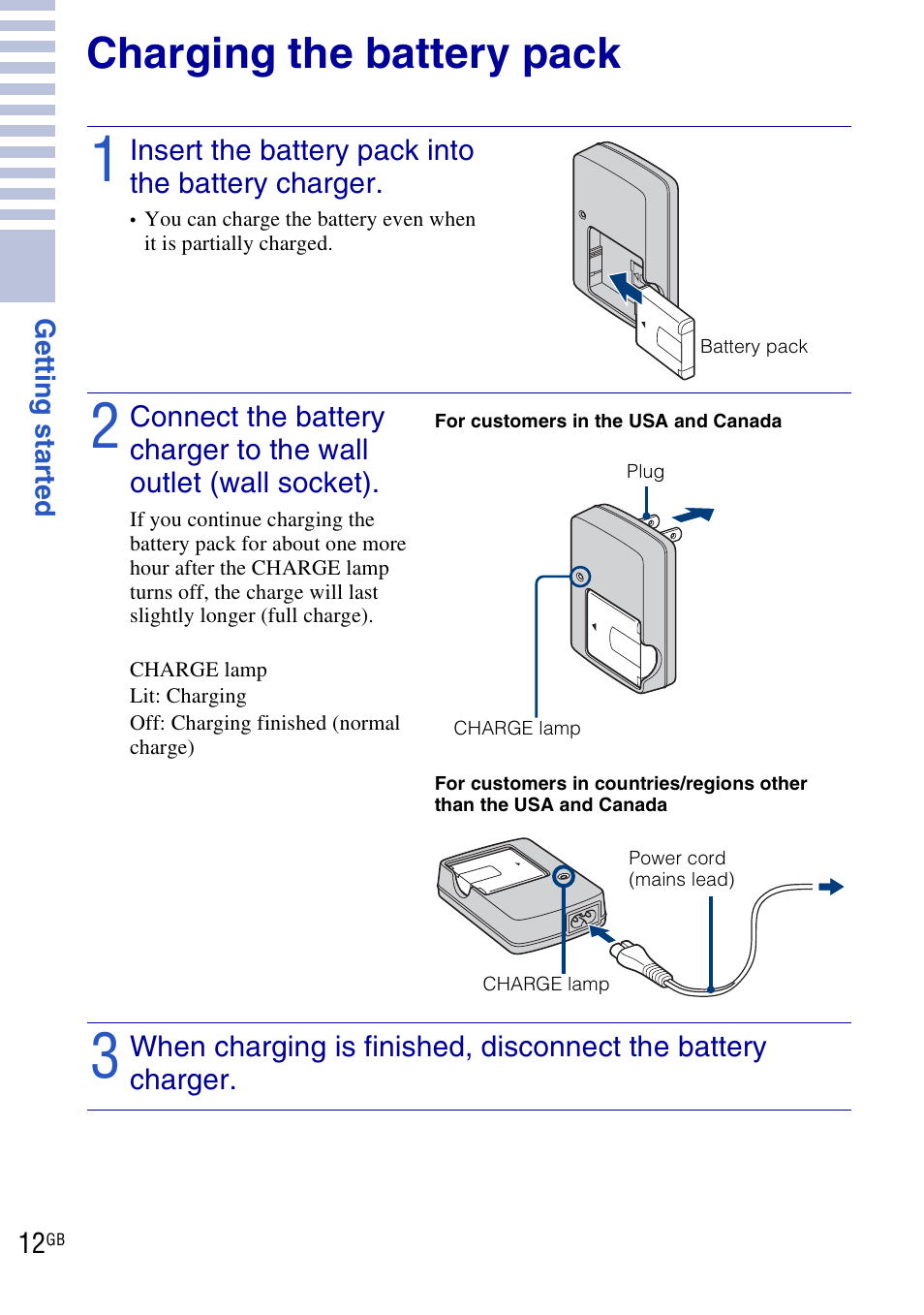 Charging the battery pack | Sony DSC-W290 User Manual | Page 12 / 60