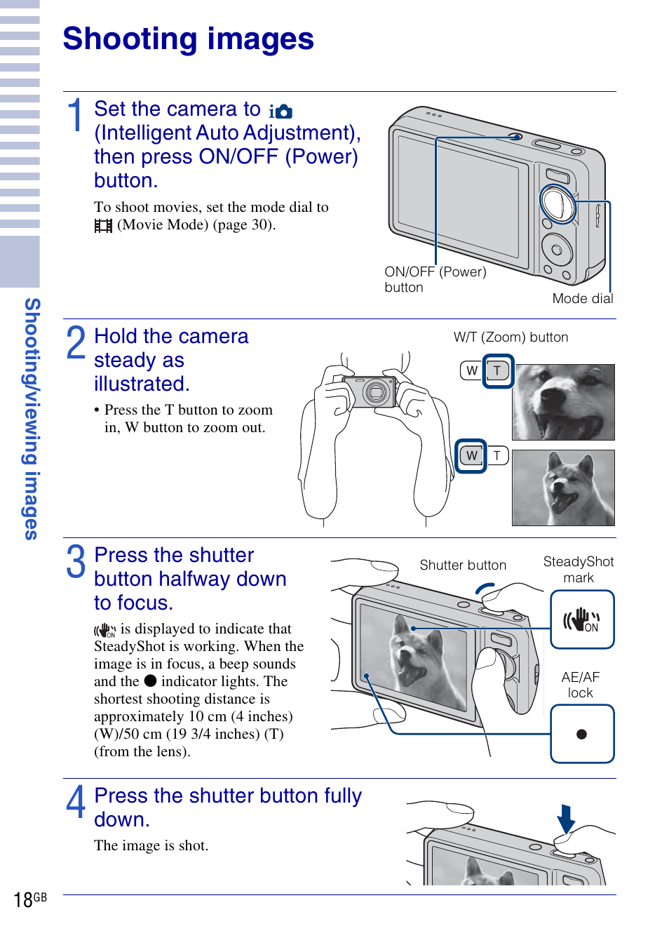 Shooting/viewing images, Shooting images | Sony DSC-W290 User Manual | Page 18 / 60