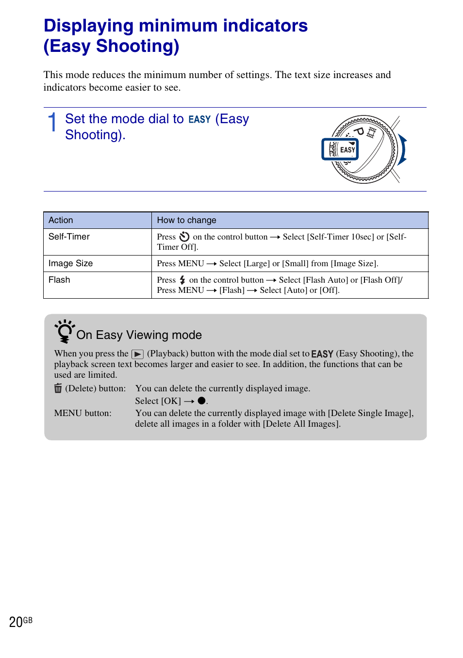 Using shooting functions, Displaying minimum indicators (easy shooting), Set the mode dial to (easy shooting) | Sony DSC-W290 User Manual | Page 20 / 60
