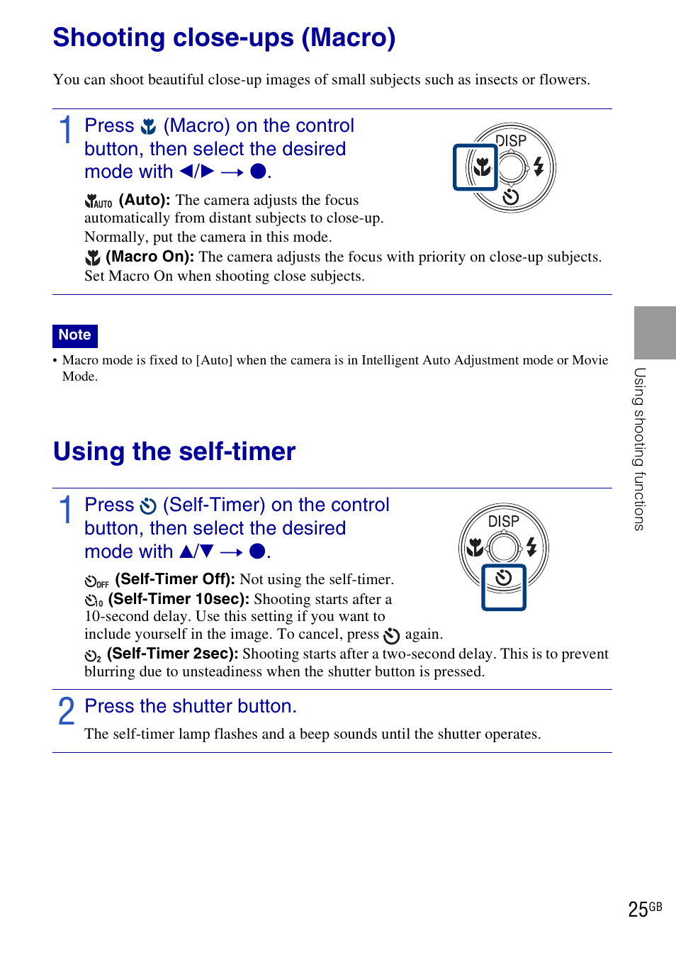 Shooting close-ups (macro), Using the self-timer | Sony DSC-W290 User Manual | Page 25 / 60