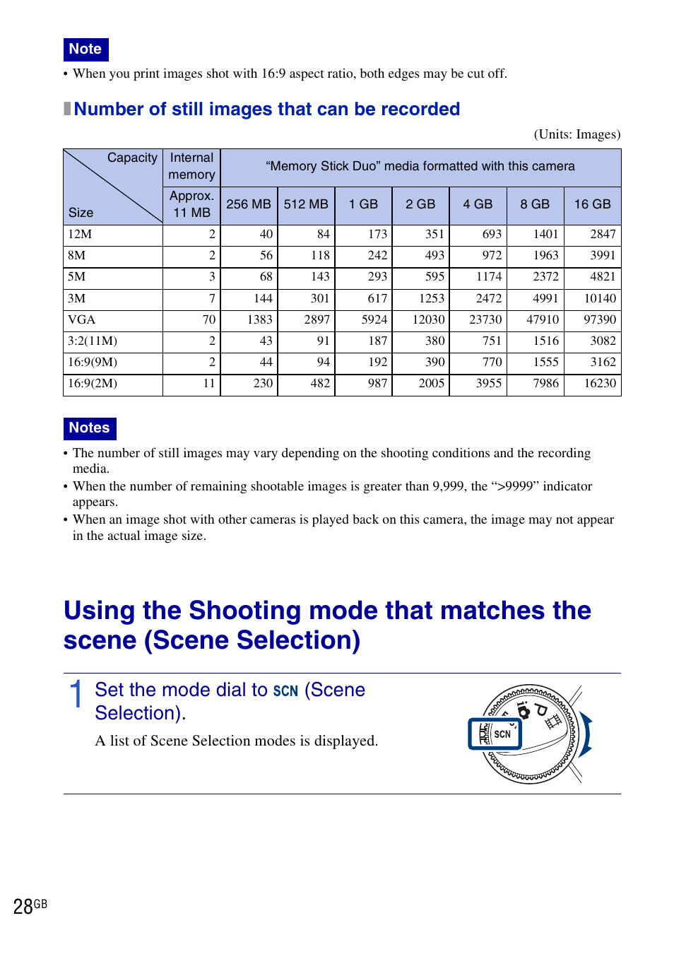 Set the mode dial to (scene selection), Xnumber of still images that can be recorded | Sony DSC-W290 User Manual | Page 28 / 60