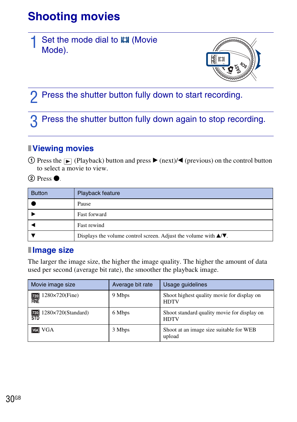Shooting movies, Set the mode dial to (movie mode) | Sony DSC-W290 User Manual | Page 30 / 60