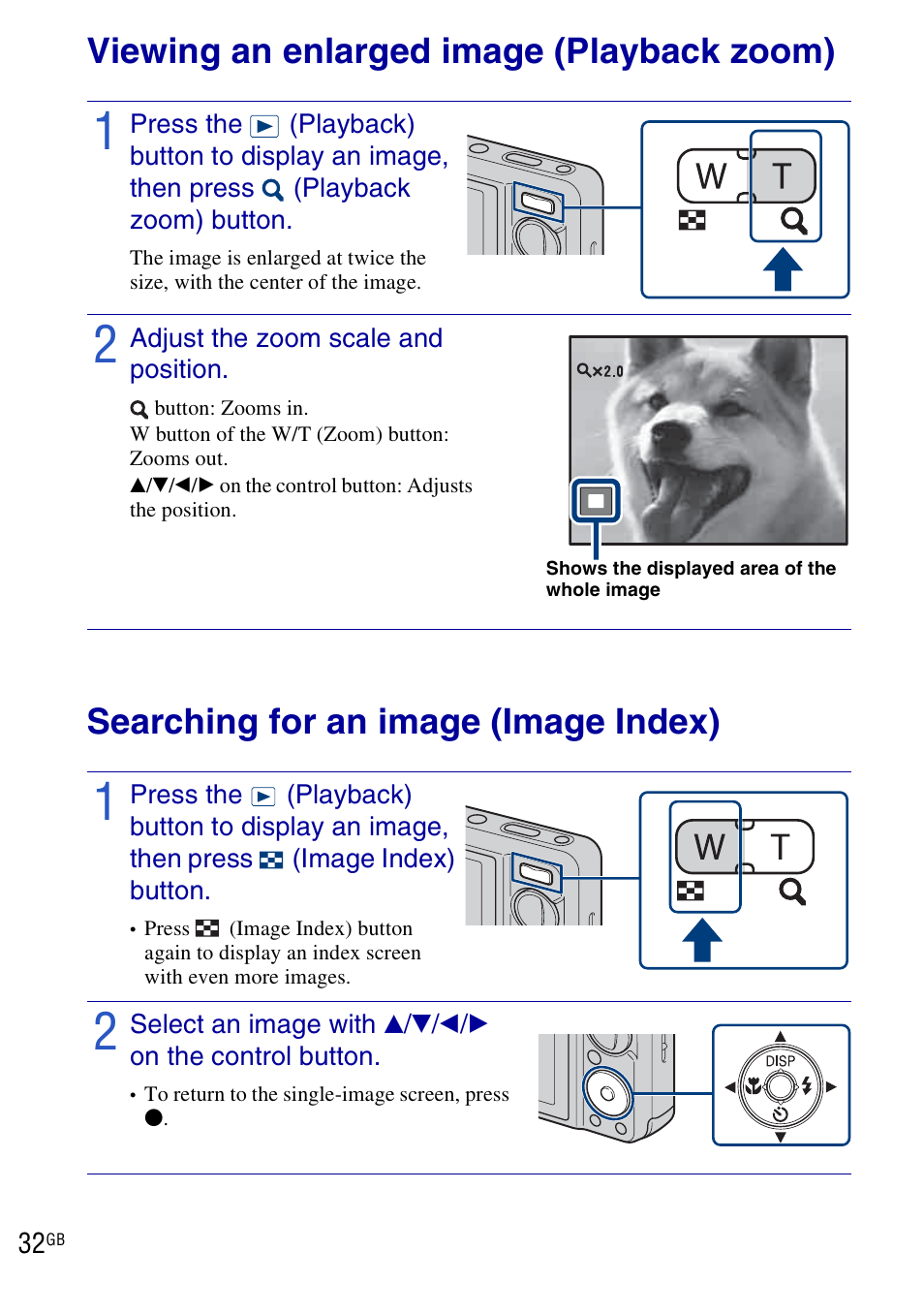 Using viewing functions, Viewing an enlarged image (playback zoom), Searching for an image (image index) | Sony DSC-W290 User Manual | Page 32 / 60