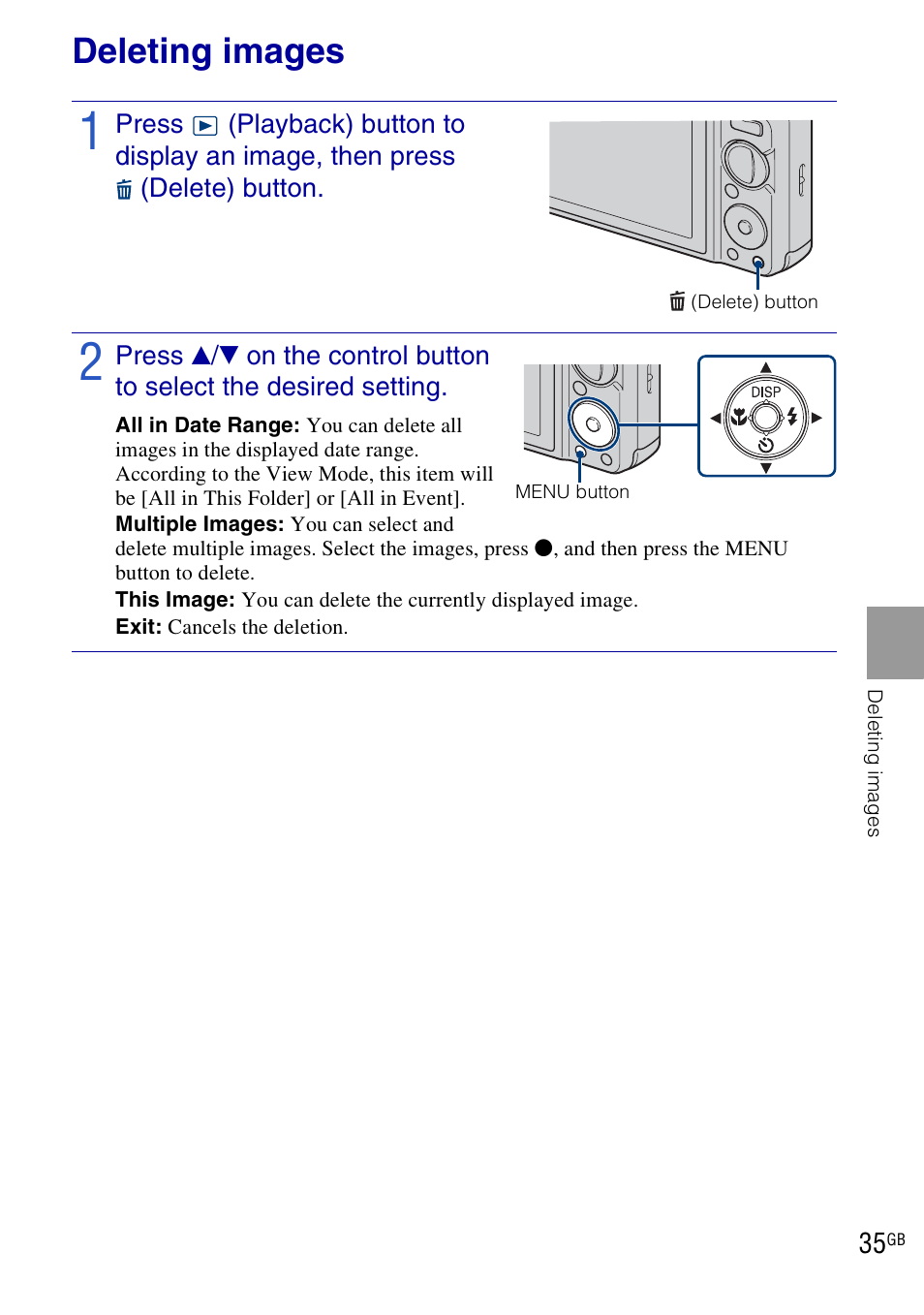 Deleting images | Sony DSC-W290 User Manual | Page 35 / 60