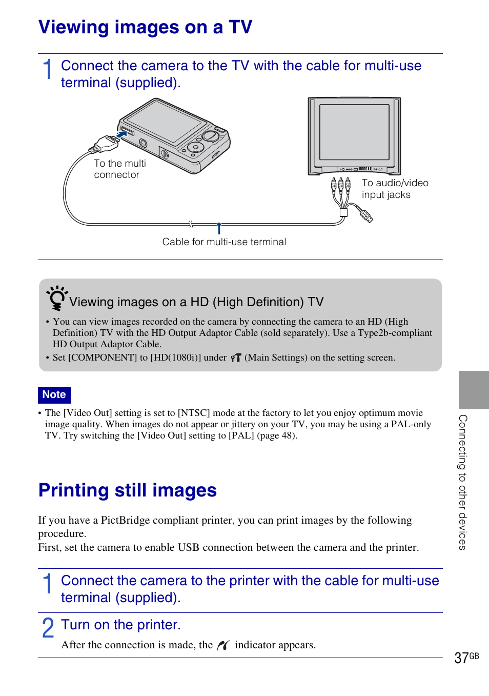 Connecting to other devices, Viewing images on a tv, Printing still images | Sony DSC-W290 User Manual | Page 37 / 60