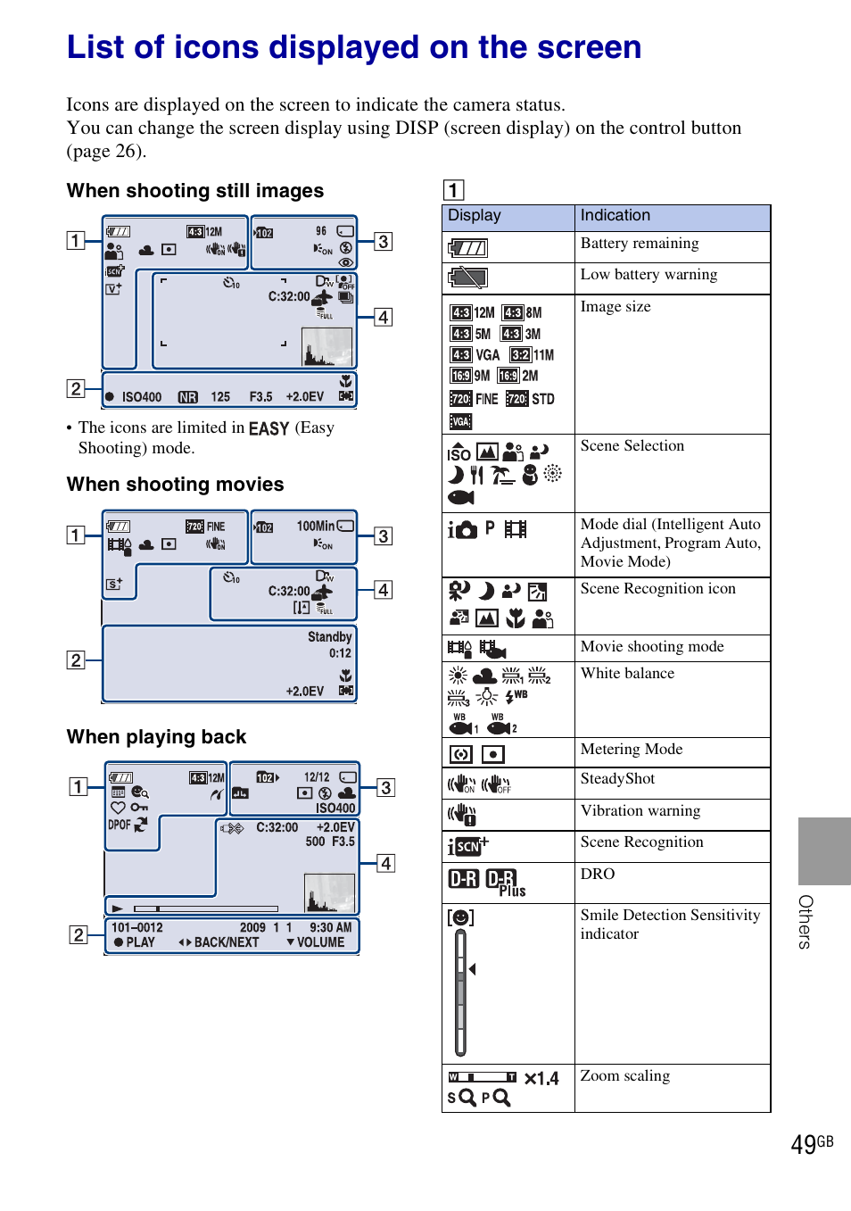 Others, List of icons displayed on the screen | Sony DSC-W290 User Manual | Page 49 / 60