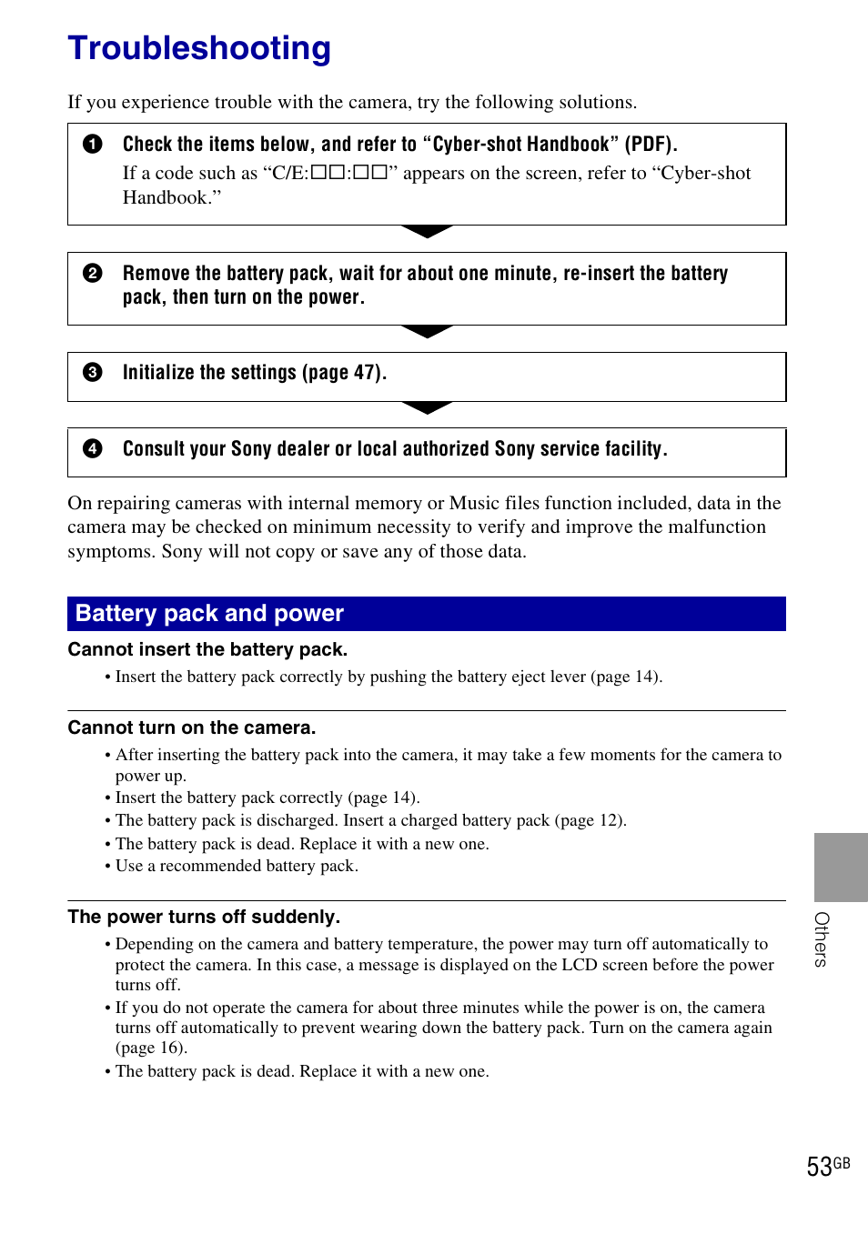 Troubleshooting, Battery pack and power | Sony DSC-W290 User Manual | Page 53 / 60