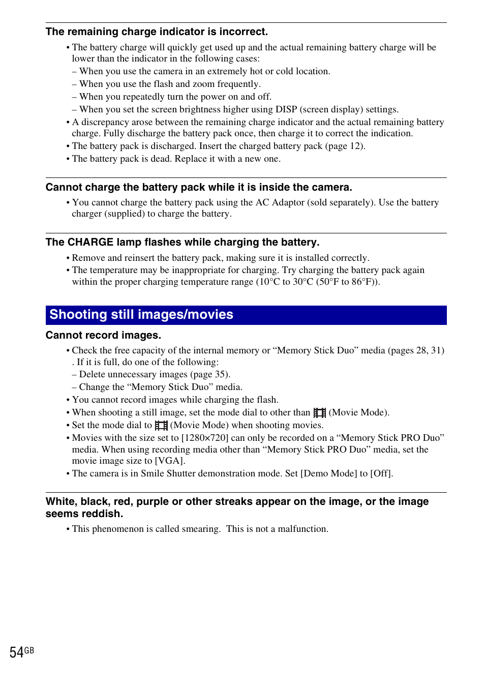 Shooting still images/movies | Sony DSC-W290 User Manual | Page 54 / 60