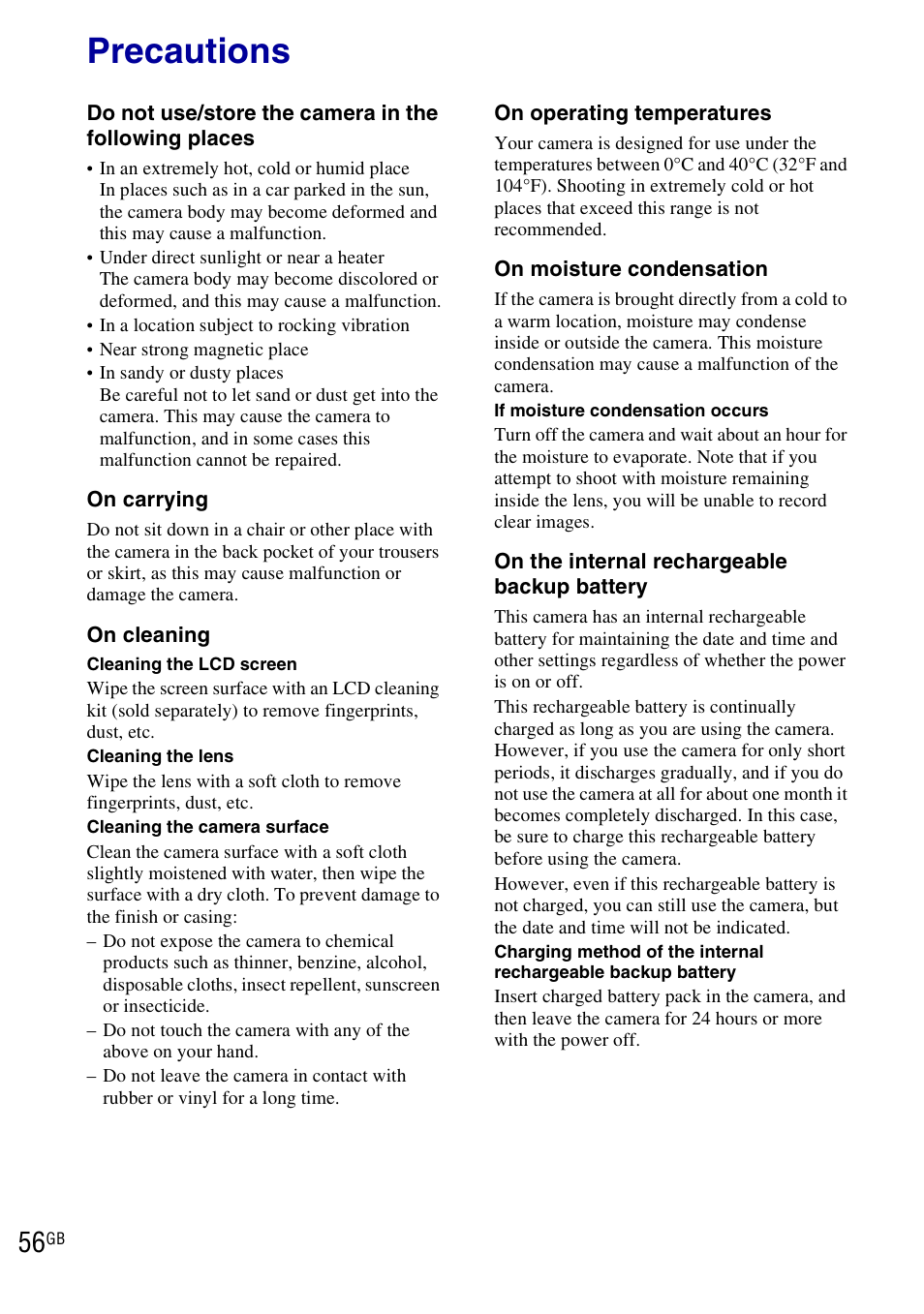 Precautions | Sony DSC-W290 User Manual | Page 56 / 60