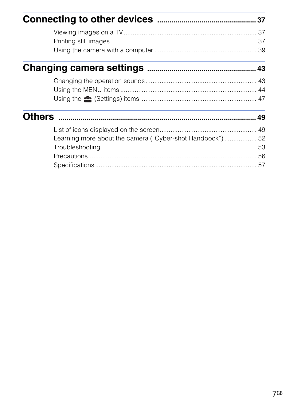 Connecting to other devices, Changing camera settings, Others | Sony DSC-W290 User Manual | Page 7 / 60