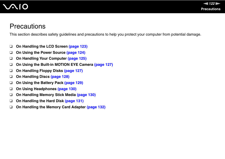 Precautions | Sony VGN-FE680G User Manual | Page 122 / 195