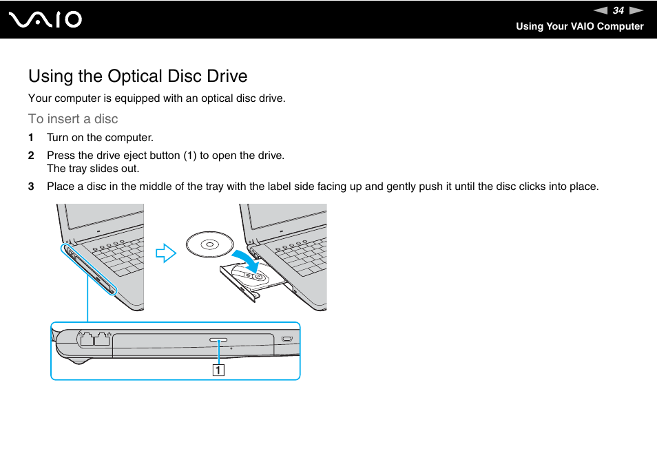 Using the optical disc drive | Sony VGN-FE680G User Manual | Page 34 / 195