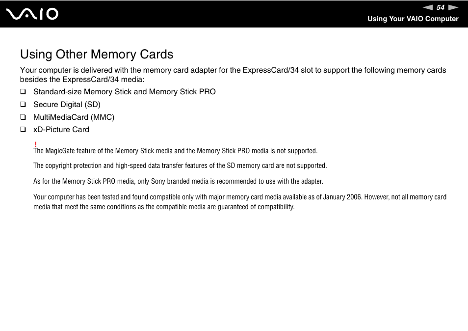Using other memory cards | Sony VGN-FE680G User Manual | Page 54 / 195