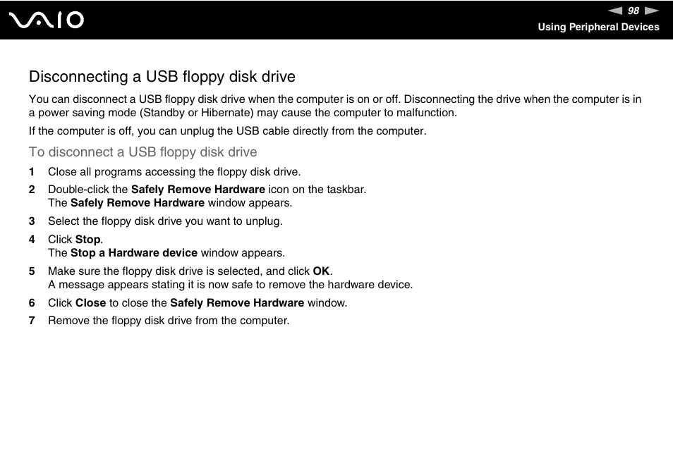 Disconnecting a usb floppy disk drive | Sony VGN-FE680G User Manual | Page 98 / 195