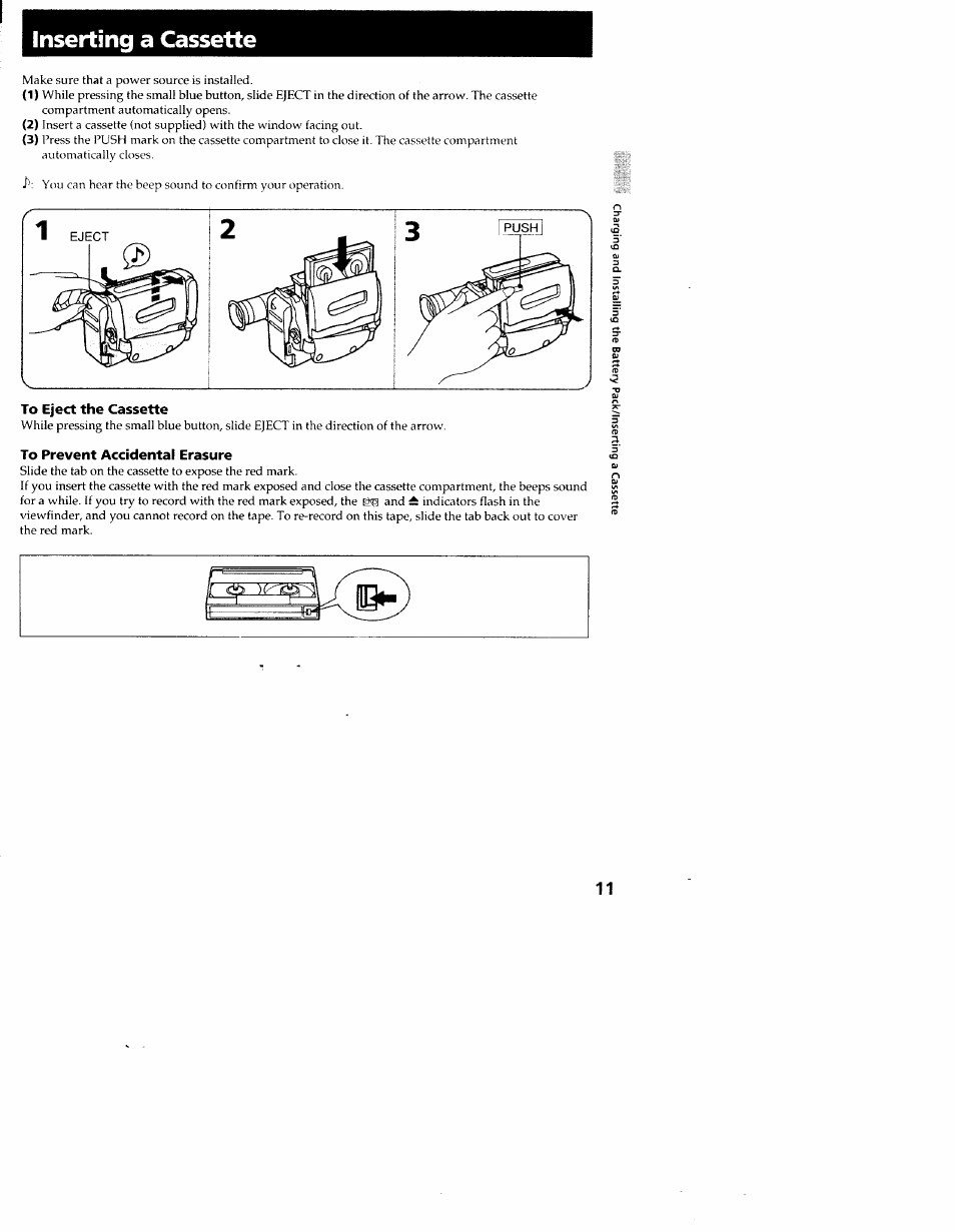 To eject the cassette, To prevent accidental erasure, Inserting a cassette | Sony CCD-TR54 User Manual | Page 11 / 56