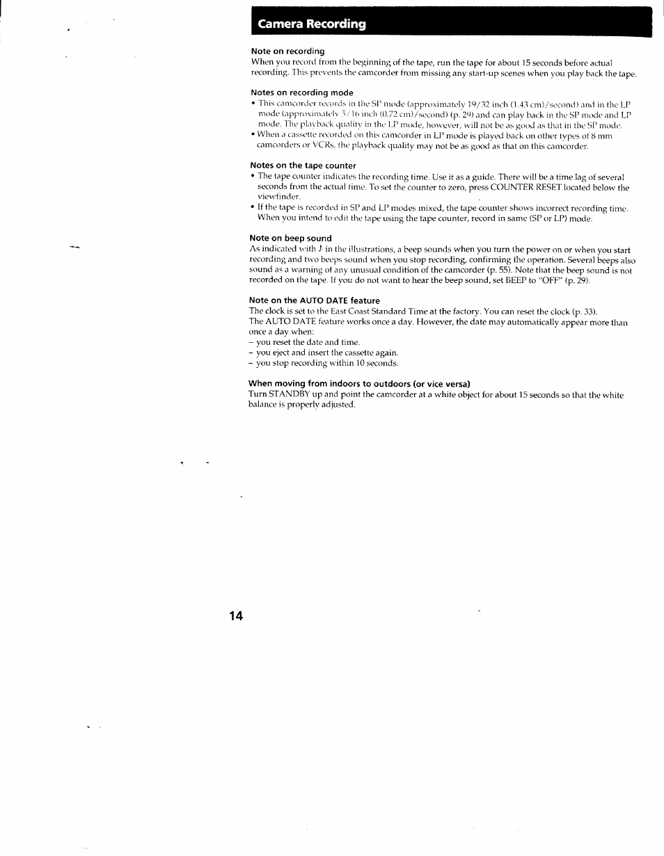 Note on recording, Notes on recording mode, Notes on the tape counter | Note on beep sound, Note on the auto date feature, Camera recording | Sony CCD-TR54 User Manual | Page 14 / 56