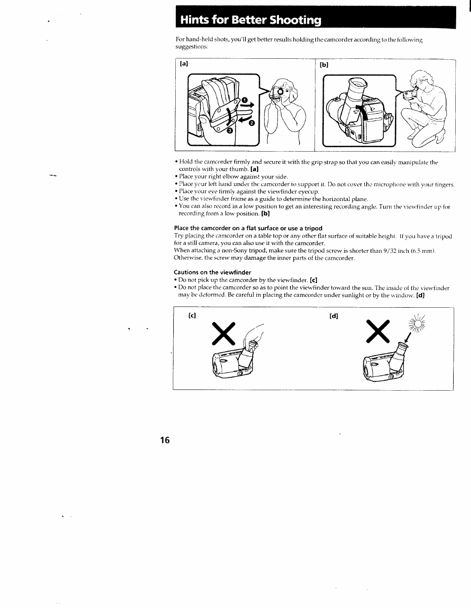 Cautions on the viewfinder, Hints for better shooting | Sony CCD-TR54 User Manual | Page 16 / 56