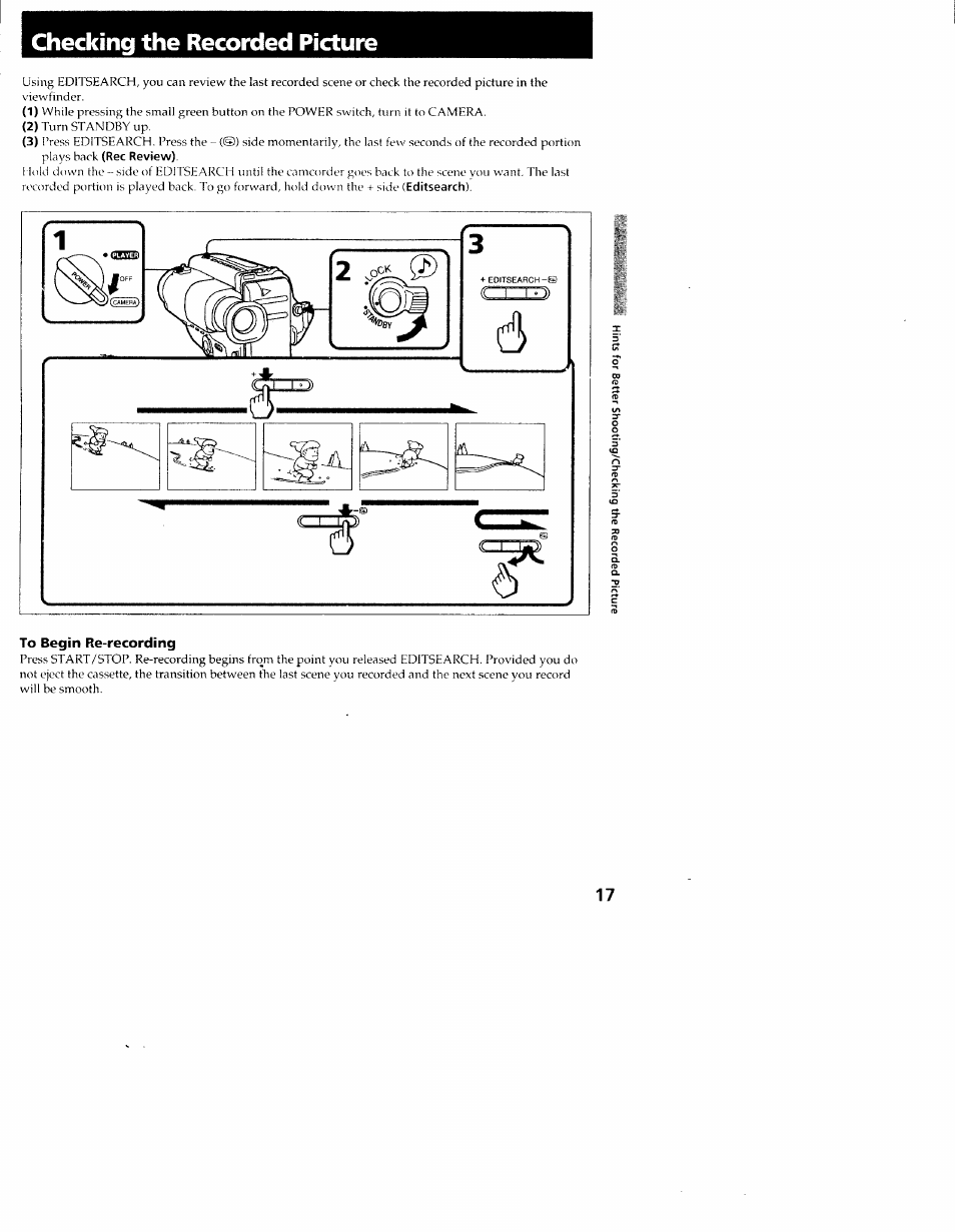 To begin re-recording, Checking the recorded picture | Sony CCD-TR54 User Manual | Page 17 / 56