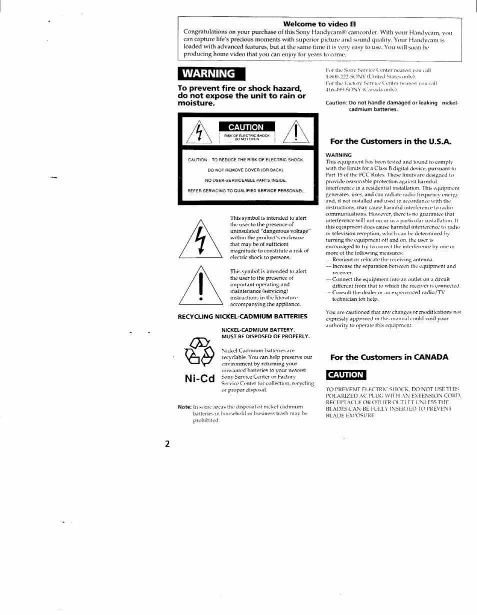 Welcome to video id, Caution, For the customers in the u.s.a | For the customers in canada, Warning, Nl-cd | Sony CCD-TR54 User Manual | Page 2 / 56