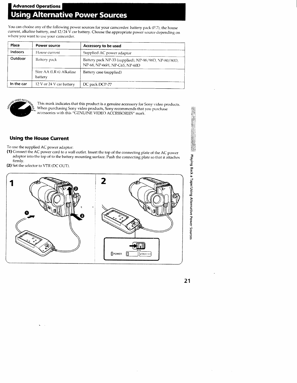 Using the house current, Using alternative power sources | Sony CCD-TR54 User Manual | Page 21 / 56
