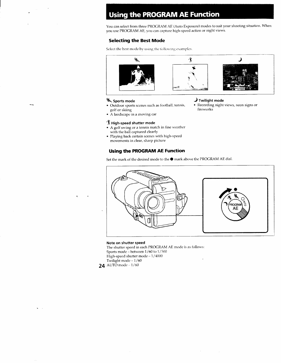 Selecting the best mode, Sports mode, High-speed shutter mode | Using the program ae function, Note on shutter speed | Sony CCD-TR54 User Manual | Page 24 / 56