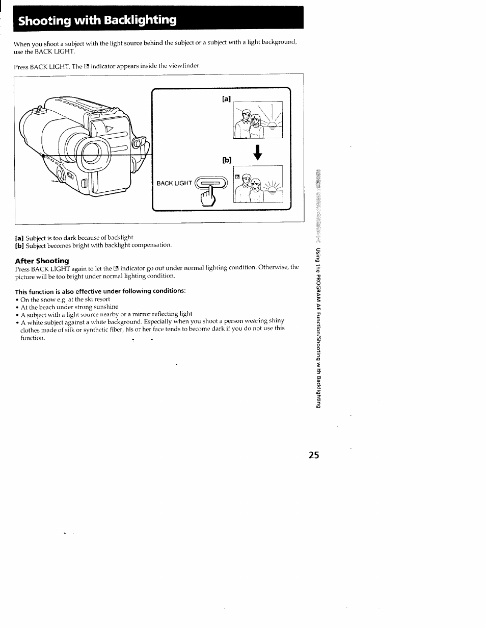 After shooting, Shooting with backlighting | Sony CCD-TR54 User Manual | Page 25 / 56