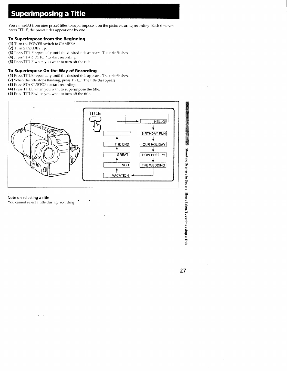 To superimpose from the beginning, To superimpose on the way of recording, Note on selecting a title | Supetimposing a title | Sony CCD-TR54 User Manual | Page 27 / 56