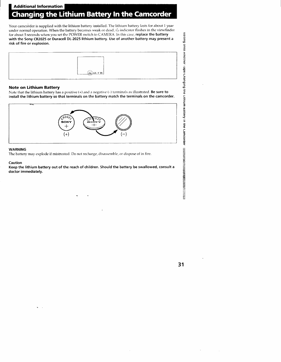 Additional information, Note on lithium battery, Changing the lithium battery in the camcorder | Sony CCD-TR54 User Manual | Page 31 / 56