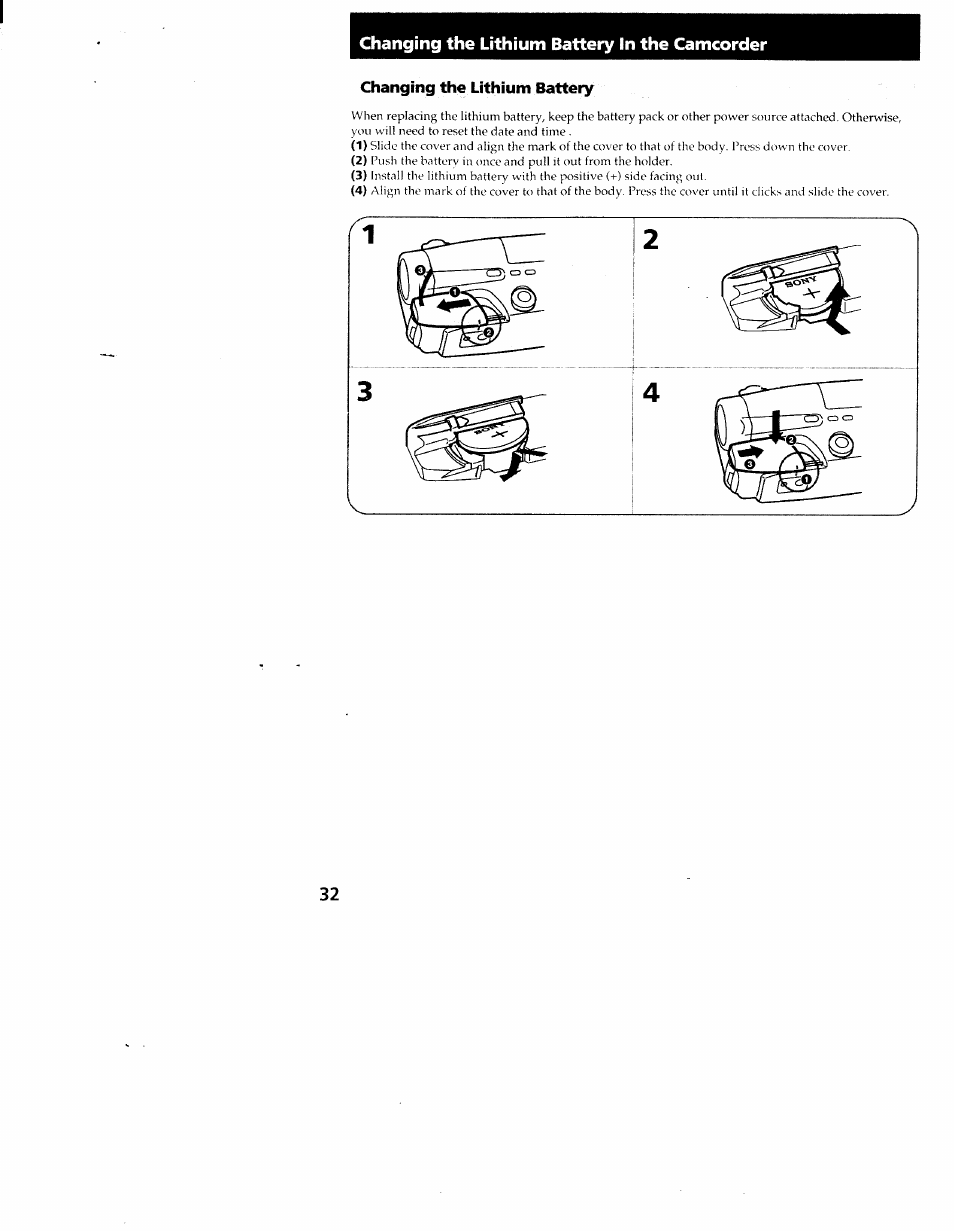 Changing the lithium battery, Changing the lithium battery in the camcorder | Sony CCD-TR54 User Manual | Page 32 / 56