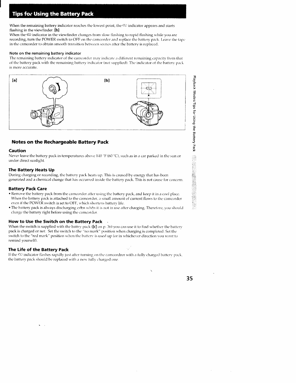 Note on the remaining battery indicator, Notes on the rechargeable battery pack, Caution | The battery heats up, Battery pack care, How to use the switch on the battery pack, The life of the battery pack, Tips for using the battery pack | Sony CCD-TR54 User Manual | Page 35 / 56