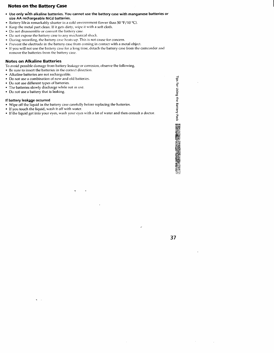 Notes on the battery case, Notes on alkaline batteries, If battery leakage occurred | Sony CCD-TR54 User Manual | Page 37 / 56