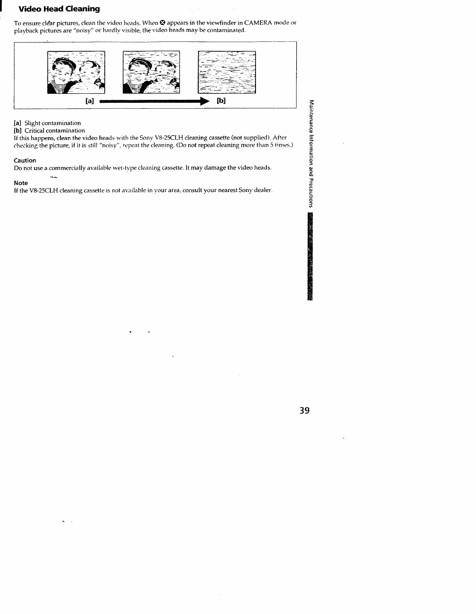 Video head cleaning, Caution, Note | Sony CCD-TR54 User Manual | Page 39 / 56