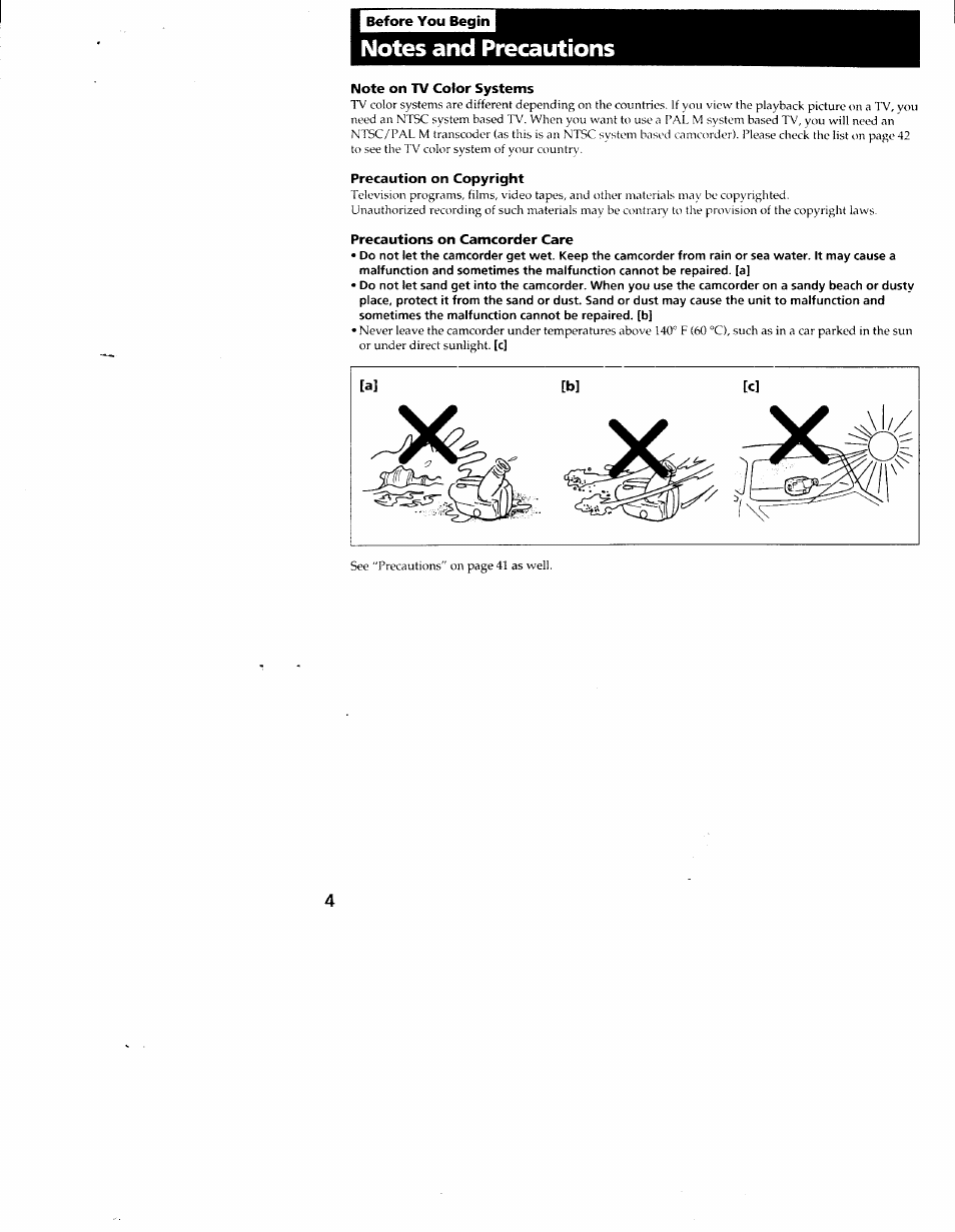 I before you begin, Note on tv color systems, Precaution on copyright | Precautions on camcorder care | Sony CCD-TR54 User Manual | Page 4 / 56