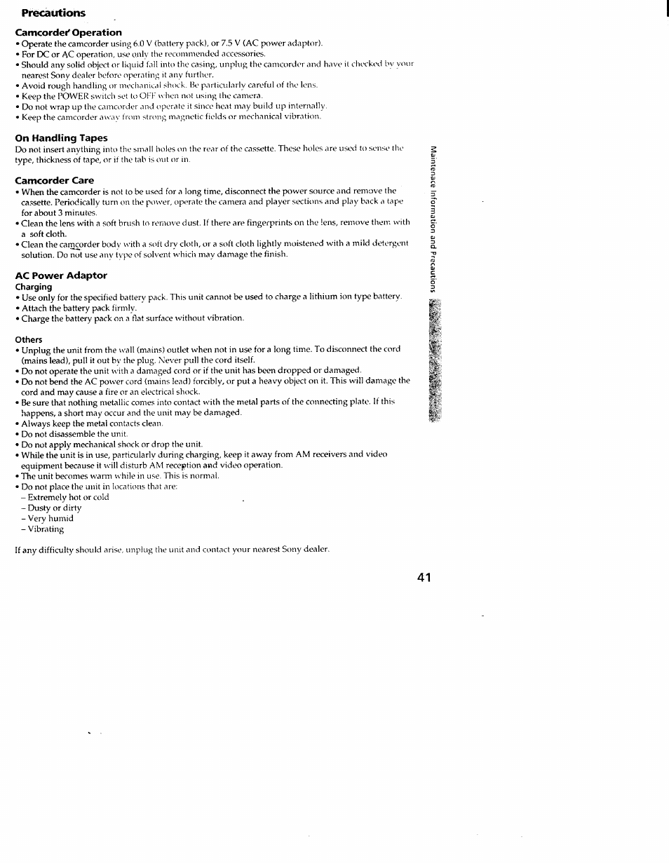 Precautions, Camcordei' operation, On handling tapes | Camcorder care, Ac power adaptor, Others | Sony CCD-TR54 User Manual | Page 41 / 56