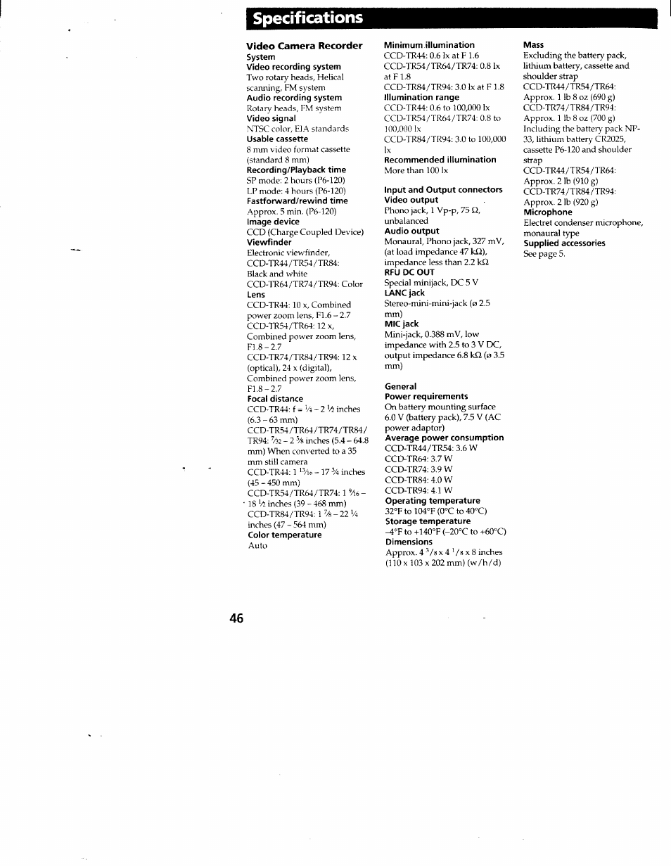 Video camera recorder, Minimum illumination, Input and output connectors video output | General, Mass, Specifications | Sony CCD-TR54 User Manual | Page 46 / 56