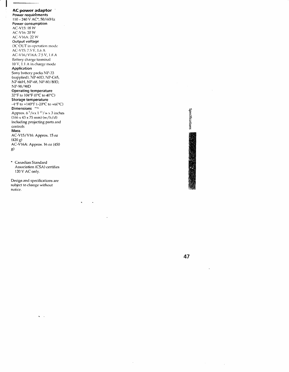 Ac power adaptor, Power requirements, Power consumption | Output voltage, Application, Operating temperature | Sony CCD-TR54 User Manual | Page 47 / 56