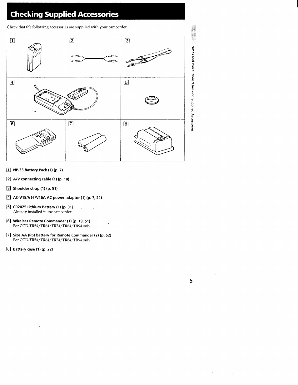 Checking supplied accessories | Sony CCD-TR54 User Manual | Page 5 / 56