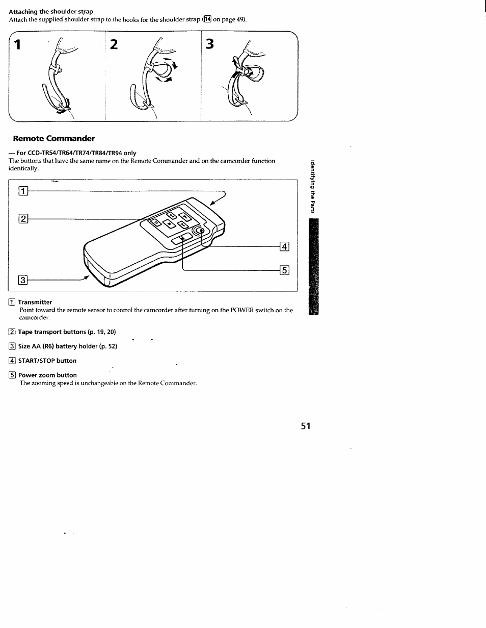 Attaching the shoulder strap, Remote commander, For ccd-tr54/tr64/tr74/tr84/tr94 only | T] transmitter, 2] tape transport buttons (p. 19, 20), 3] size aa (r6) battery holder (p. 52), 4] start/stop button, 5] power zoom button | Sony CCD-TR54 User Manual | Page 51 / 56