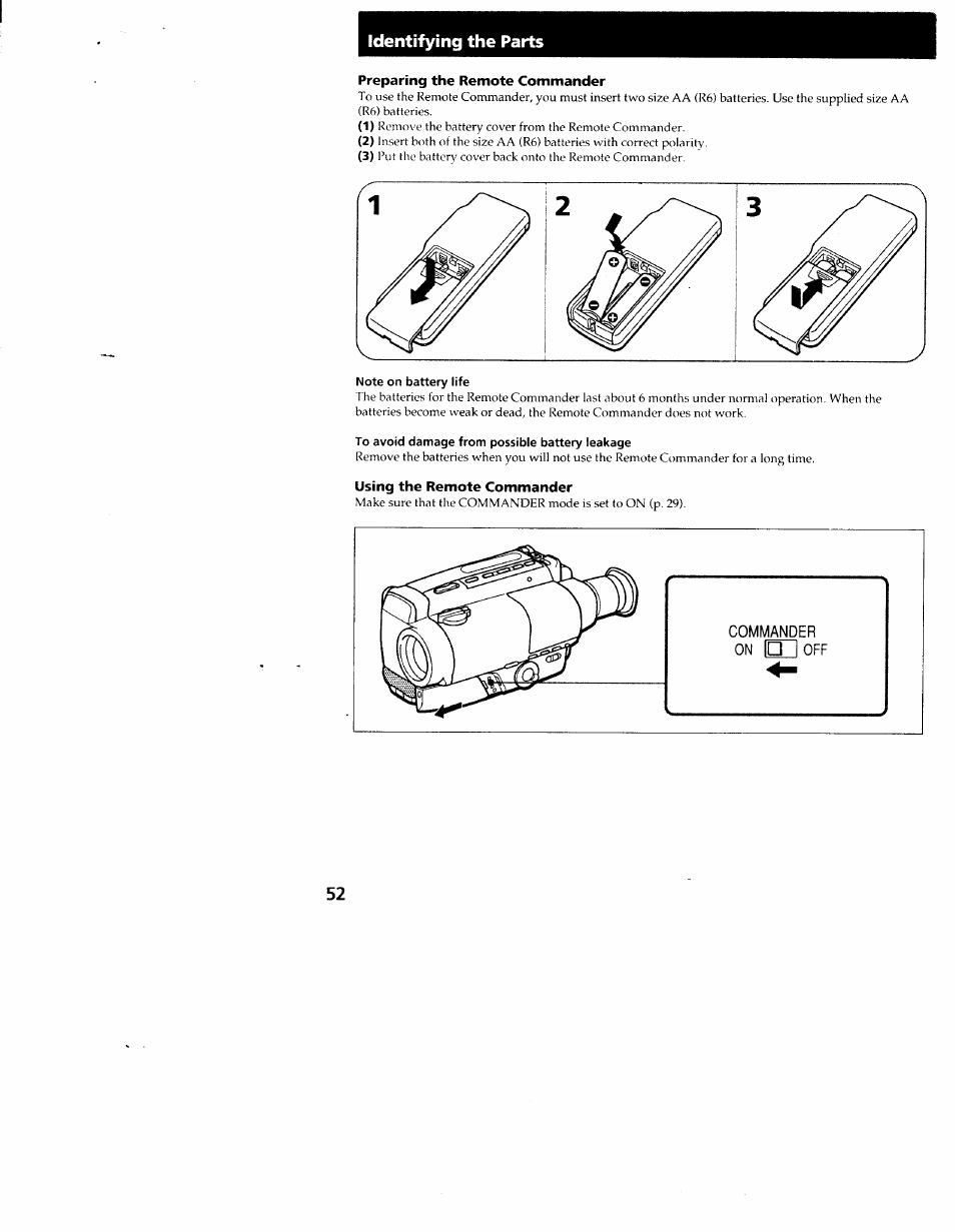 Preparing the remote commander, Note on battery life, To avoid damage from possible battery leakage | Using the remote commander, Identifying the parts | Sony CCD-TR54 User Manual | Page 52 / 56