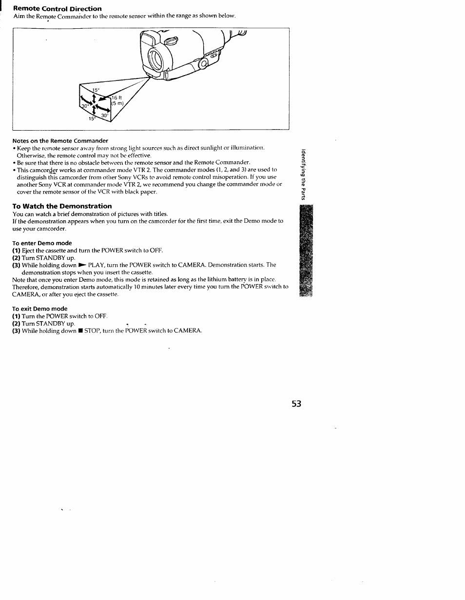 Remote control direction, Notes on the remote commander, To watch the demonstration | To enter demo mode, To exit demo mode | Sony CCD-TR54 User Manual | Page 53 / 56