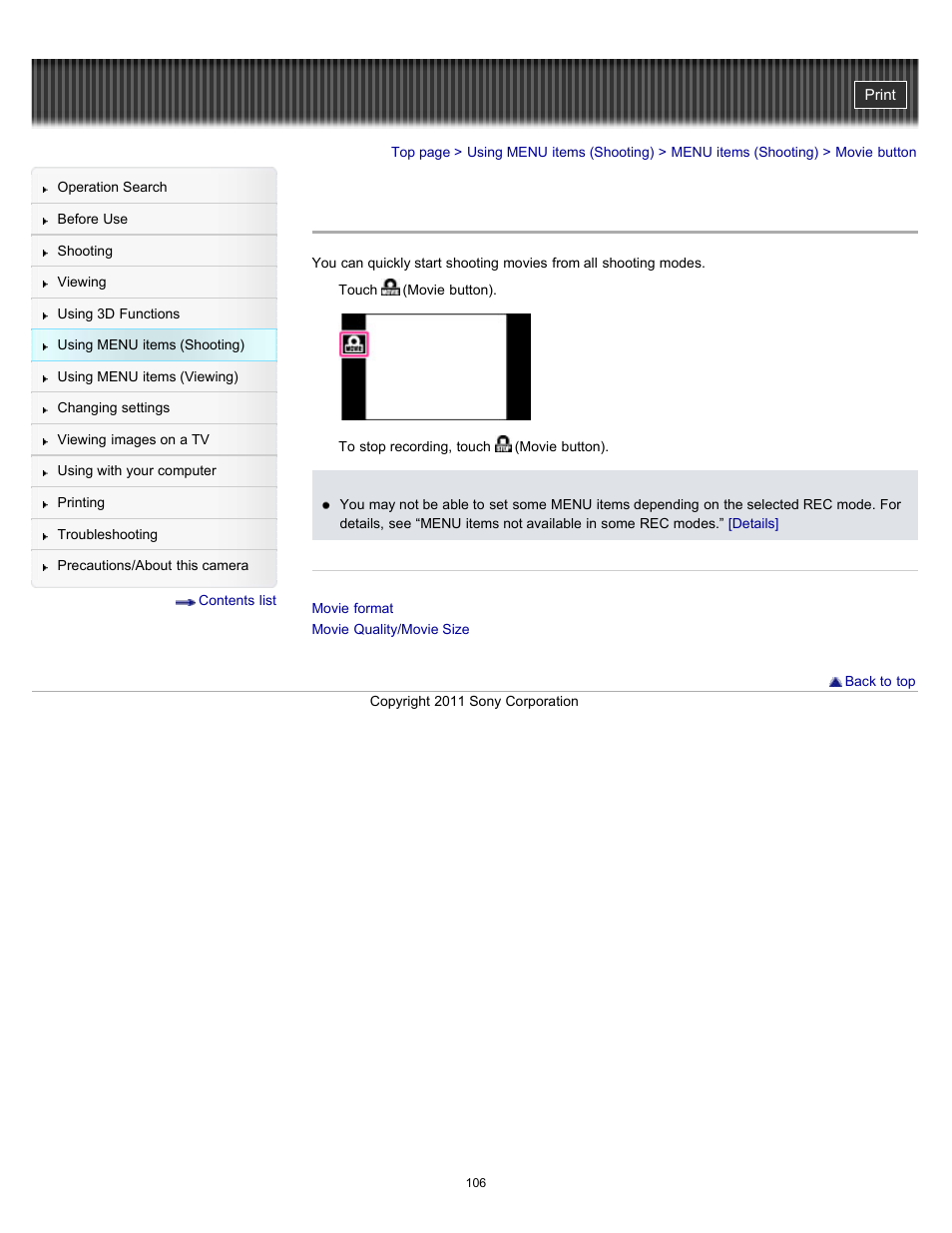 Movie button | Sony DSC-TX55 User Manual | Page 106 / 275