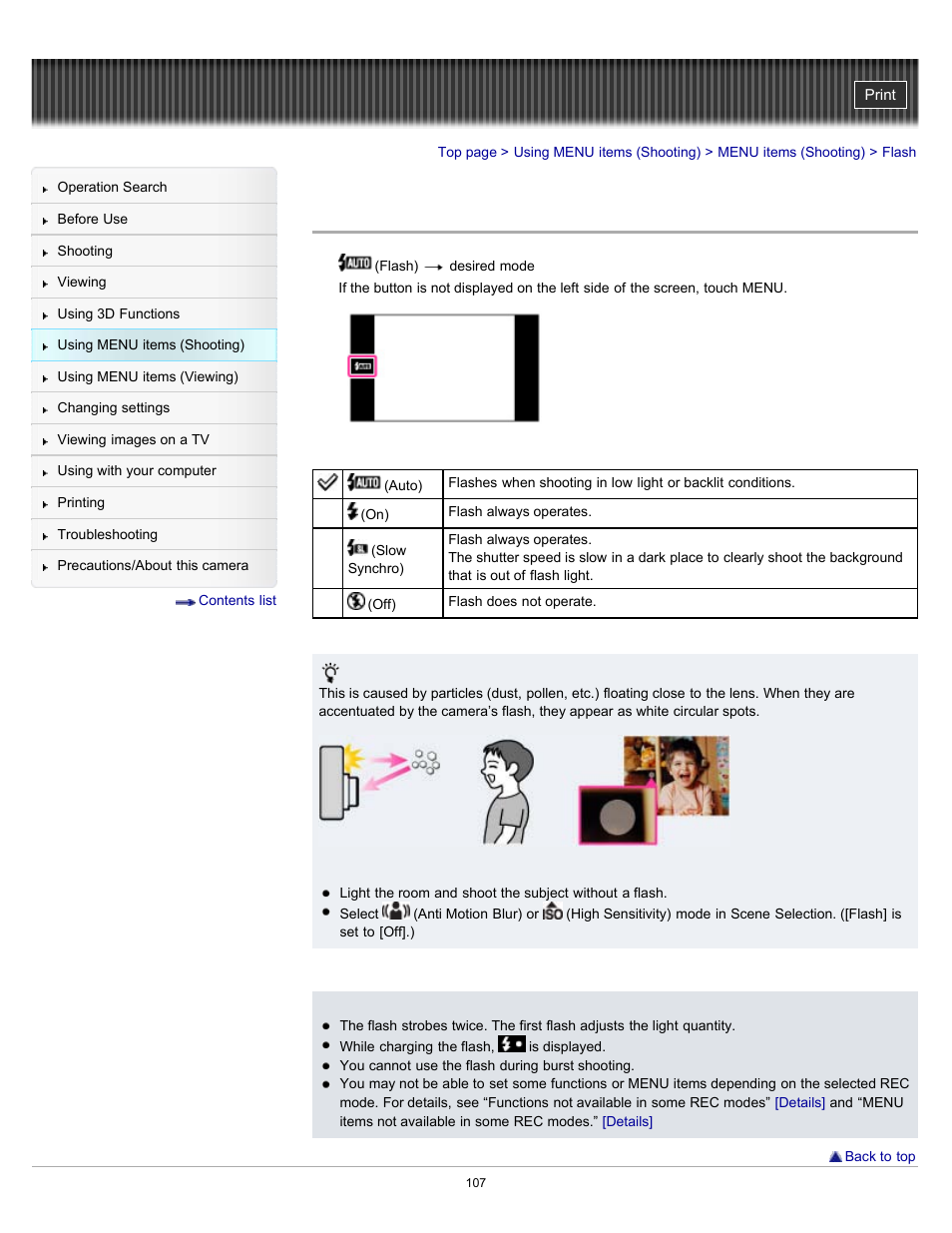 Flash, Slow synchro) | Sony DSC-TX55 User Manual | Page 107 / 275