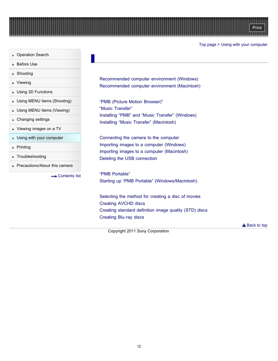 Using with your computer | Sony DSC-TX55 User Manual | Page 12 / 275